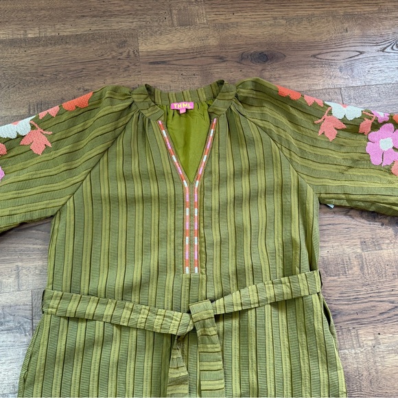 THML Olive Green Embroidered Striped Floral Maxi Dress L Ballon Sleeve. - Picture 10 of 15